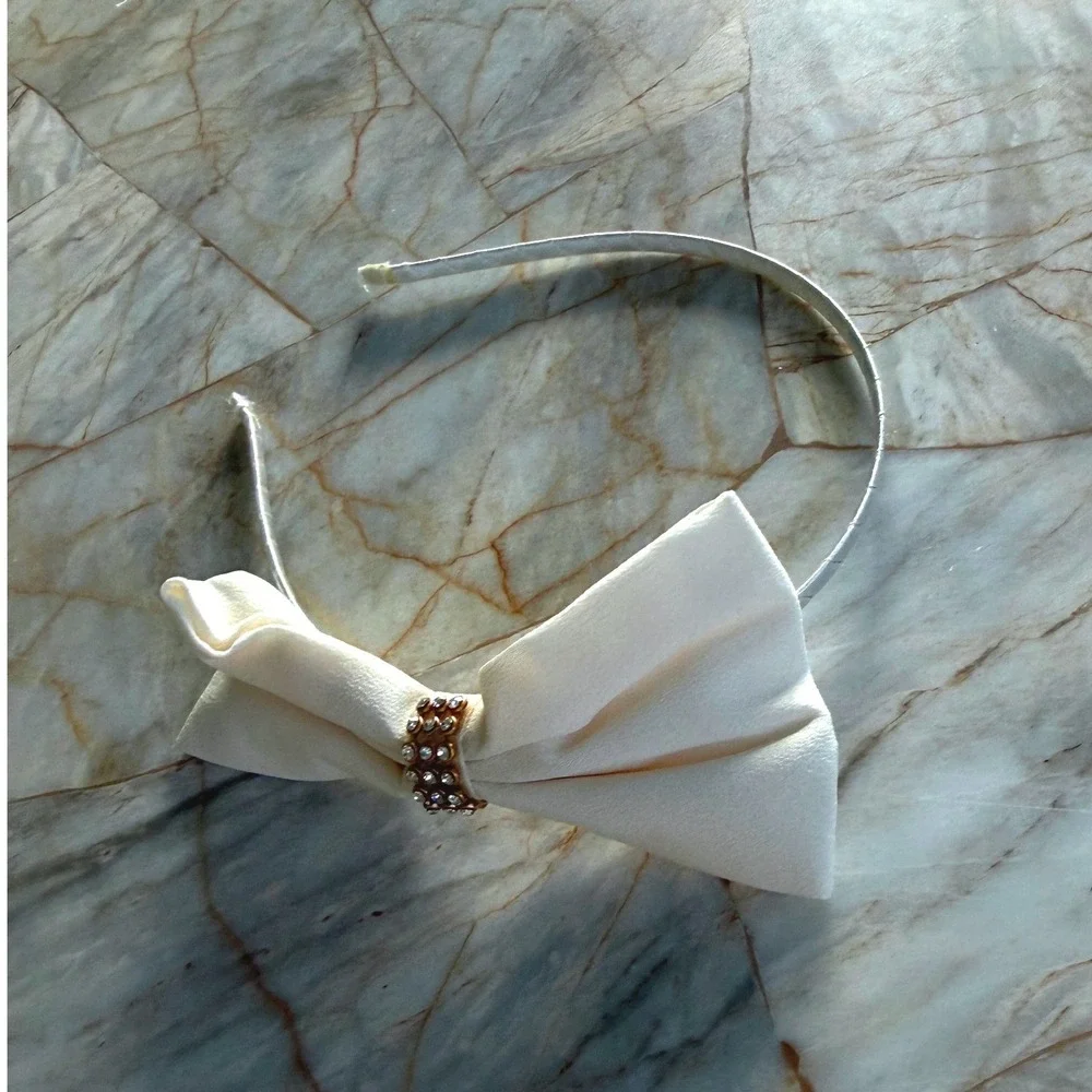 Cream Fabric Bow Headband with Rhinestone Center Classic Elegant Hair Accessory